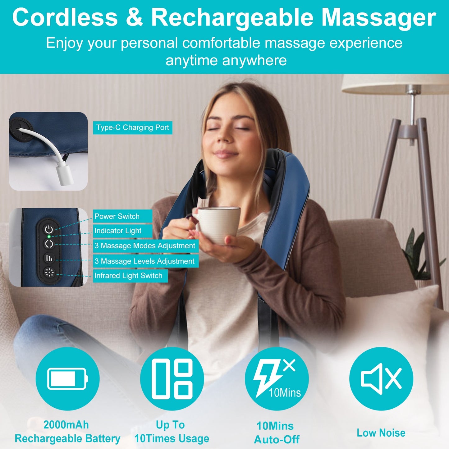 Electric Neck Shoulder Massager With Infrared Light Heating 3 Massage Modes Speeds Kneading Grasping Shiatsu Massage Pillow For Back Arms Thighs Release Pain