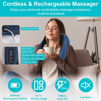 Electric Neck Shoulder Massager With Infrared Light Heating 3 Massage Modes Speeds Kneading Grasping Shiatsu Massage Pillow For Back Arms Thighs Release Pain